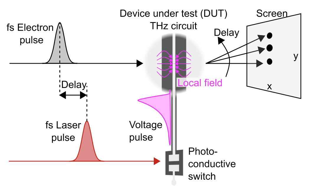 Femtosecond electron beam probe of terahertz electronics. A laser pump pulse with femtosecond duration (red) creates a terahertz voltage pulse (magenta) by closing a photoconductive switch. The terahertz voltage pulse then travels into the device under test (DUT) and triggers its operation. Femtosecond electron pulses (grey) probe the local electric and magnetic field vectors (magenta) by means of time-frozen Lorentz forces and electron beam deflections. Changing the delay between the activation of the switch and the probing electron pulses (dashed lines) provides a measurement with femtosecond time resolution and terahertz bandwidth.